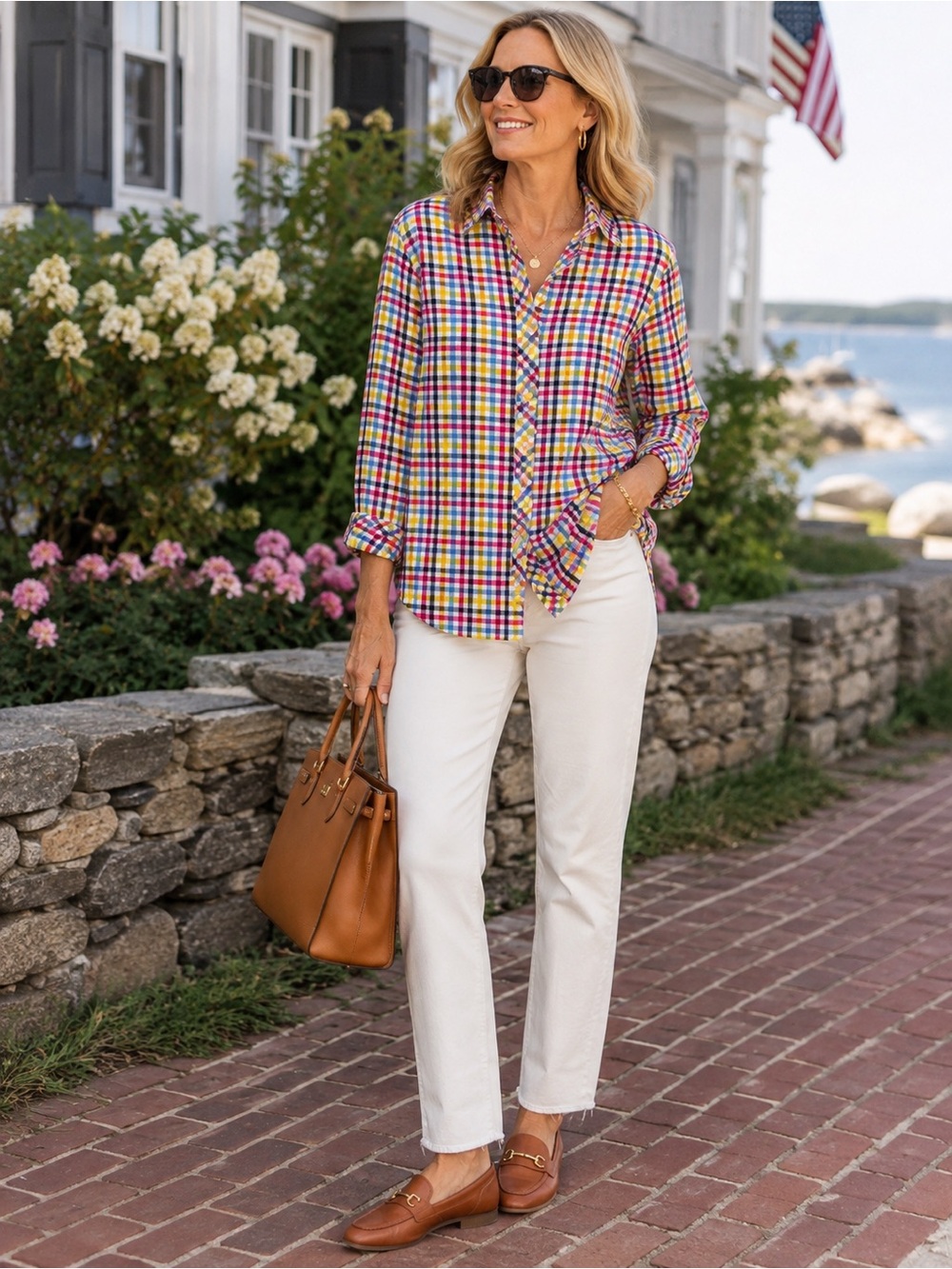 Talbots Women’s M Multicolor Plaid 100% Cotton Button Down Shirt Preppy
